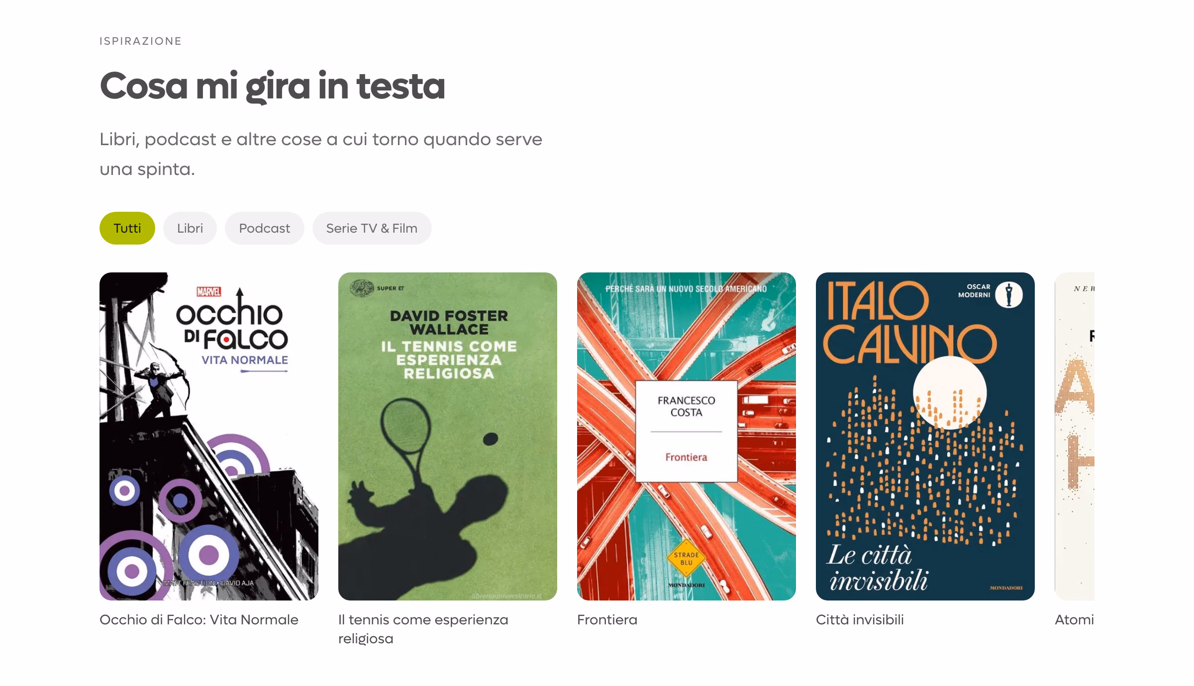 La sezione Ispirazione di About: filtri per libri, podcast e serie, e una fila di copertine